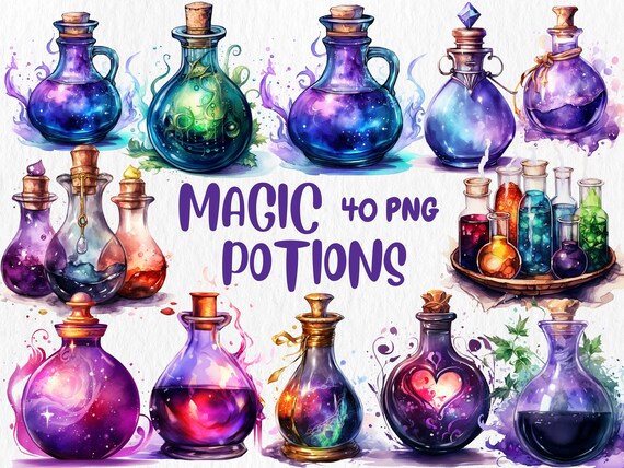 Watercolor Magic Potions Clipart: 40 Fantasy PNG Graphics (Instant Download)