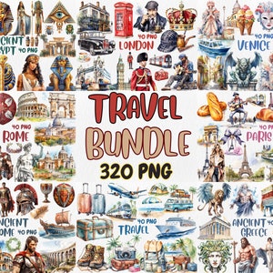 Pacote de Mega Clipart de Viagem em Aquarela | Londres, Paris, Roma, Veneza, Egito Antigo, Grécia Antiga | Download instantâneo para uso comercial