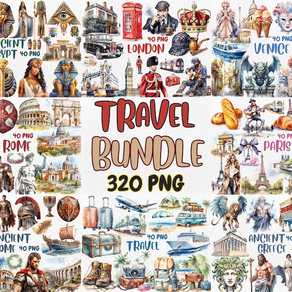 Watercolor Travel Mega Clipart Bundle | London, Paris, Rome, Venice, Ancient Egypt, Ancient Greece | Instant Download for Commercial Use