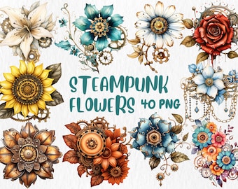Watercolor Steampunk Flowers Clipart: Mechanical Floral PNG (Instant Download)