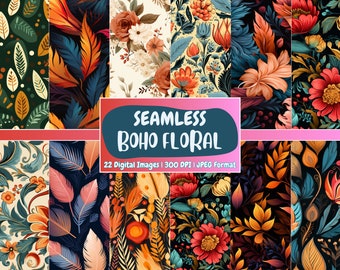 Boho Floral Digital Paper: Seamless Bohemian Patterns (Digital Download)