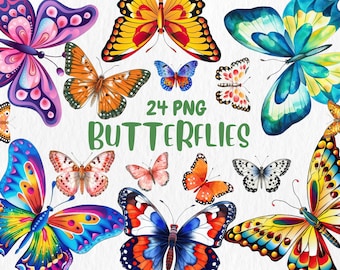 Watercolor Butterfly Clipart: 24 PNG Graphics (Instant Download)