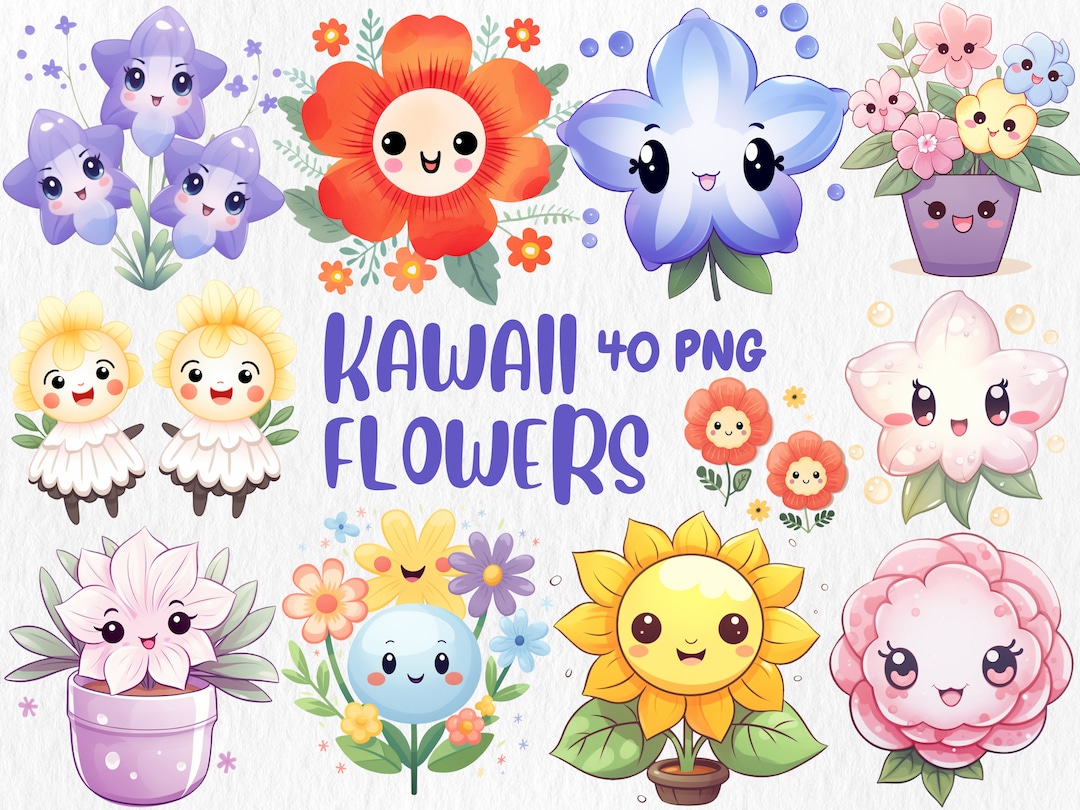 Watercolor Kawaii Flowers Clipart | Cute Colorful Sunflower, Rose