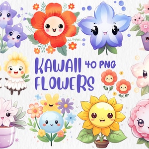 Clipart de flores Kawaii em aquarela | Ilustrações fofas coloridas de girassol, rosa, tulipa, orquídea, lírio | Download instantâneo para uso comercial