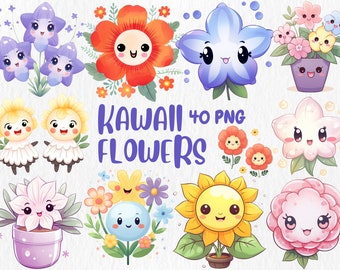 Imágenes prediseñadas de flores kawaii de acuarela / Imágenes PNG florales (uso comercial)