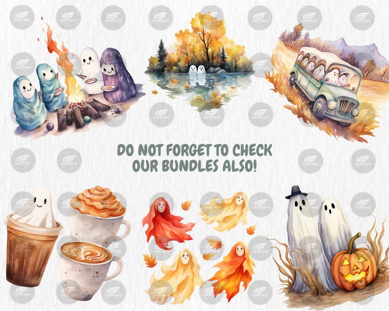 Watercolor Autumn Ghosts Clipart | Autumn Ghost Illustrations | Painted Ghost Clipart, 40 PNG Graphics, Instant Download for Commercial Use