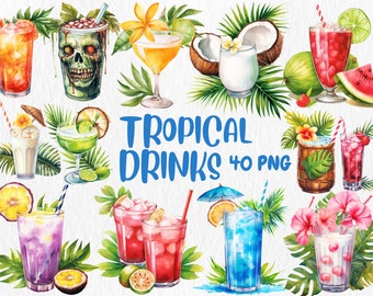 Watercolor Tropical Drinks Clipart: 40 PNG Illustrations (Instant Download)