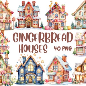 Clipart di casette di pan di zenzero ad acquerello / Biscotti di Natale, Inverno, Decorazioni Natalizie, Illustrazioni Natalizie / Download immediato per uso commerciale