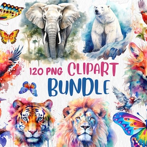Watercolor Animals Clipart Mega Bundle: 120 PNG Graphics (Commercial Use)