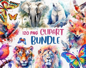 Watercolor Animals Clipart Mega Bundle: 120 PNG Graphics (Commercial Use)