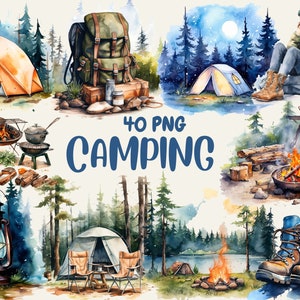 Imágenes prediseñadas de camping en acuarela: tienda de campaña, fogata, linterna, mochila, ilustraciones de camping, 40 gráficos PNG, descarga instantánea para uso comercial