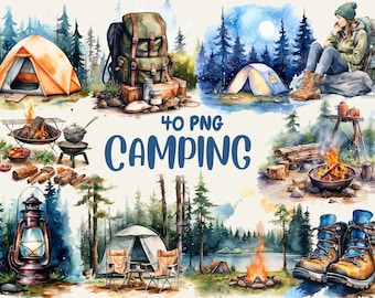 Watercolor Camping Clipart: 40 PNG Tent, Campfire Illustrations (Digital Download)