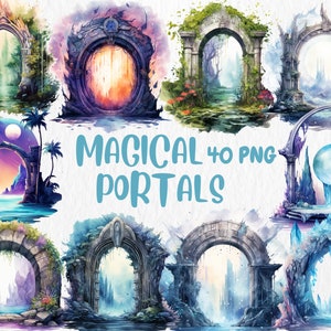 Portales mágicos en acuarela (imágenes prediseñadas) / Ilustraciones de portales forestales, espaciales y celestiales / Descarga instantánea para uso comercial