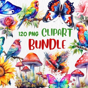 Watercolor Clipart Mega Bundle: Flowers, Birds, Mushrooms, Butterflies (PNG, Instant Download)