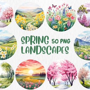 Imágenes prediseñadas de paisajes primaverales en acuarela / Escenas primaverales acogedoras, cerezos en flor, ilustraciones del amanecer / Descarga instantánea para uso comercial