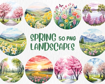 Aquarel lente landschap clipart: kersenbloesem zonsopgangscènes (digitale png-download)