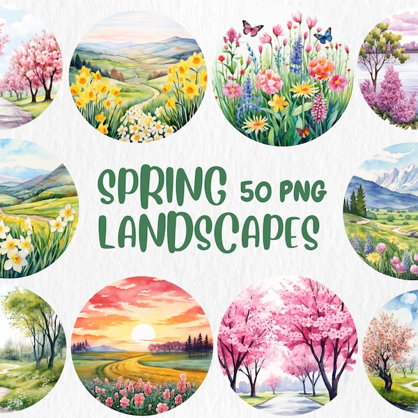 Watercolor Spring Landscapes Clipart | Cozy Spring Scenes, Cherry Blossom, Sunrise Illustrations | Instant Download for Commercial Use