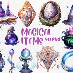 Clipart d'objets magiques aquarelle | Illustrations de chaudron, boule de cristal, livre de sorts, bouteille de potion | Téléchargement instantané pour une utilisation commerciale