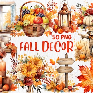 Clipart de decoração de outono em aquarela | Decoração aconchegante de outono e outono, abóbora, guirlanda, ilustrações de folhas | Download instantâneo para uso comercial