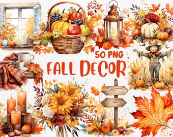 Watercolor Fall Decor Clipart: Autumn Pumpkin & Leaves (Instant Download)