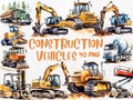 Watercolor Construction Vehicles Clipart | Excavator, Bulldozer, Cement Mixer, Tractor Illustrations | Instant Download for Commercial Use