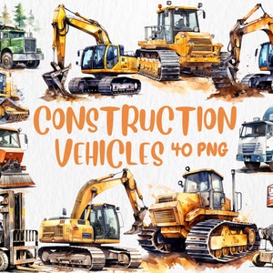 Imágenes prediseñadas de vehículos de construcción en acuarela: ilustraciones de excavadoras, topadoras, hormigoneras y tractores. Descarga instantánea para uso comercial