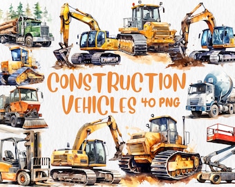 Aquarell Baustellenfahrzeug Clipart: 40 PNG Illustrationen (Kommerzielle Nutzung)