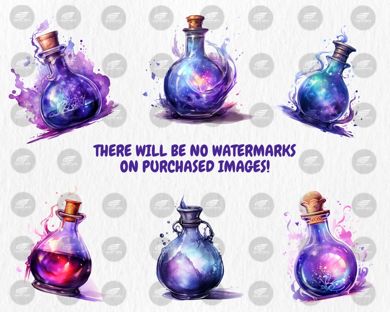 Watercolor Magic Potions Clipart | Painted Colorful Magic Potion Illustrations | 40 PNG Graphics | Instant Download for Commercial Use