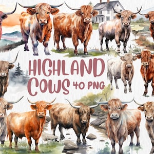 Watercolor Highland Cow Clipart: 40 PNG Illustrations, Nursery Decor (Digital Download)