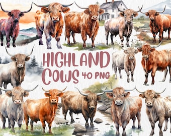 Watercolor Highland Cow Clipart: 40 PNG Illustrations, Nursery Decor (Digital Download)