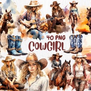 Clipart de Cowgirls em Aquarela | Western, Wild West, Botas e Chapéu de Cowgirl, Ilustrações de Cowgirl Bonitas | Download Instantâneo para Uso Comercial