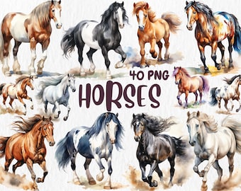Watercolor Horses Clipart: 40 PNG Illustrations (Commercial Use)