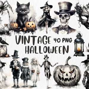 Watercolor Vintage Halloween Clipart: Retro Black and White Illustrations (Instant Download)