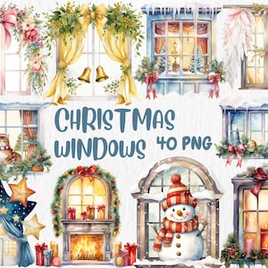 Clipart de janelas de Natal em aquarela | Cena de Natal e inverno, ilustração de decoração festiva de feriado | Download instantâneo para uso comercial
