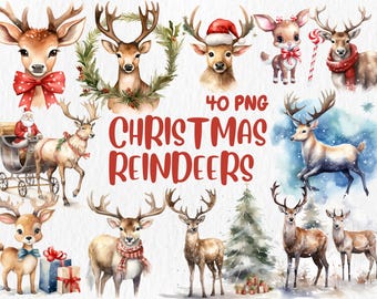 Watercolor Christmas Reindeer Clipart: 40 PNG Holiday Illustrations (Digital Download)