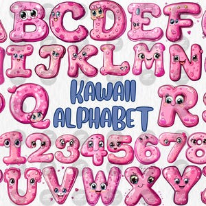 Clipart alfabeto kawaii / Carino, carattere unico, lettere e numeri decorativi, 36 illustrazioni alfabeto PNG / download immediato, uso commerciale