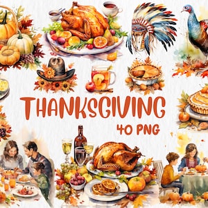 Clipart del Ringraziamento ad acquerello / Tacchino arrosto, torta di zucca, illustrazioni di cornucopia, 40 grafiche PNG, download immediato per uso commerciale