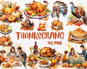 Watercolor Thanksgiving Clipart: Turkey, Pie, Cornucopia (40 PNG Graphics) (Digital Download)