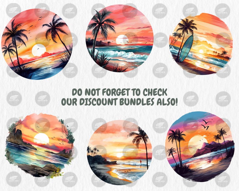 Watercolor Beach Sunset Clipart: Tropical Illustrations (instant ...