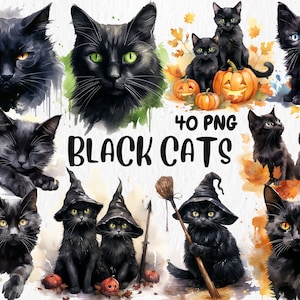 Aquarell schwarze Katzen Clipart | Halloween-Katzen, Herbstkatze, schwarze Katze mit Hüten und Fledermäusen Illustrationen | Sofort Download für kommerzielle Nutzung