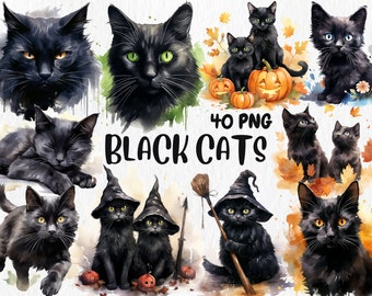 Aquarell schwarze Katzen Clipart: Halloween Herbst Illustrationen (Instant Download)