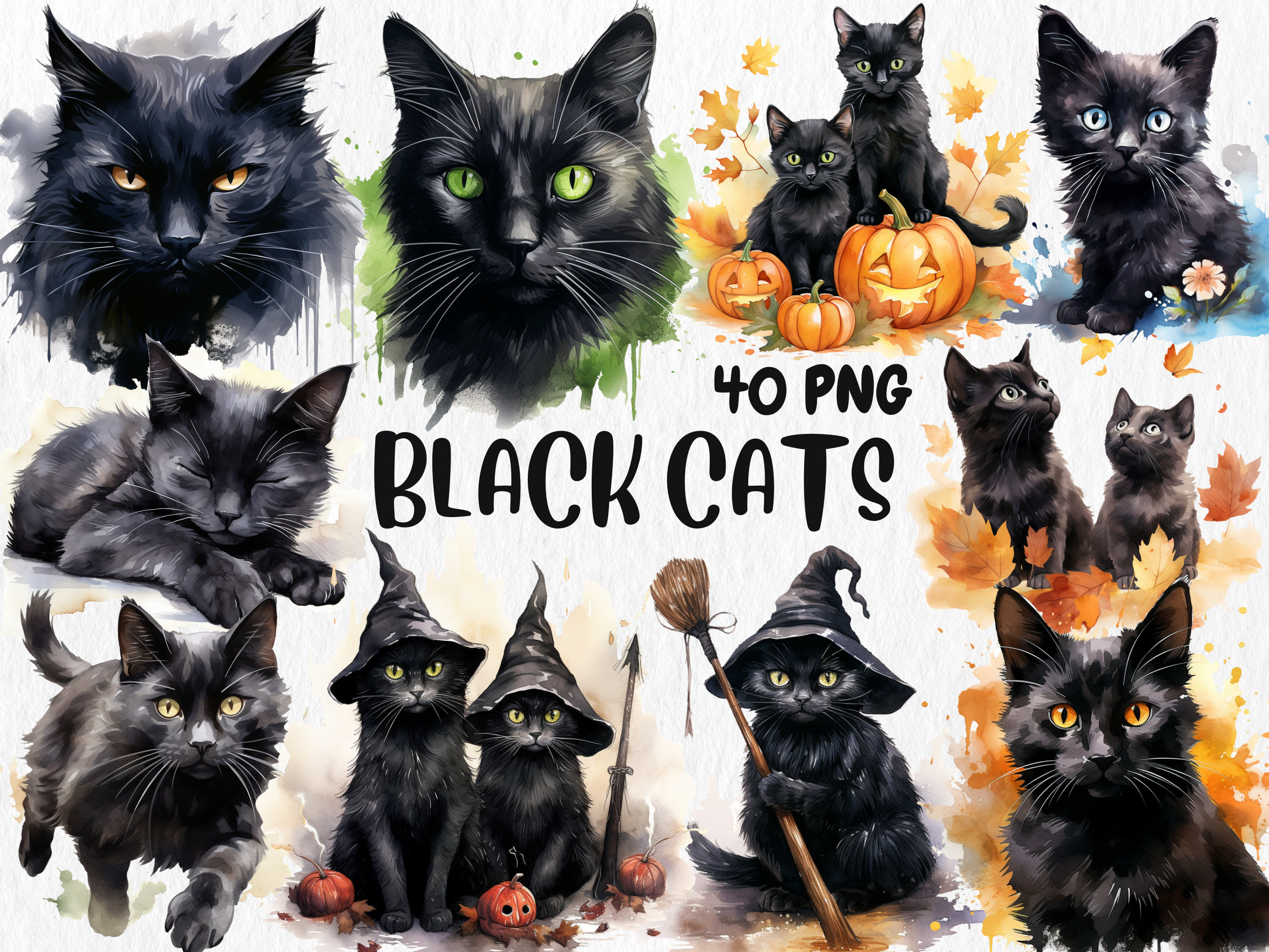 水彩画の黒猫のクリップアート：ハロウィンの秋のイラスト（すぐに