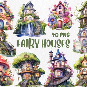 Watercolor Fairy Houses Clipart: 40 Fantasy Cottage PNG Designs (Digital Download)