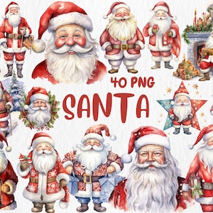 Clipart Père Noël à l'aquarelle | Illustrations du père Noël, du renne, de l'hiver et de Noël | Graphiques PNG | Téléchargement instantané pour une utilisation commerciale