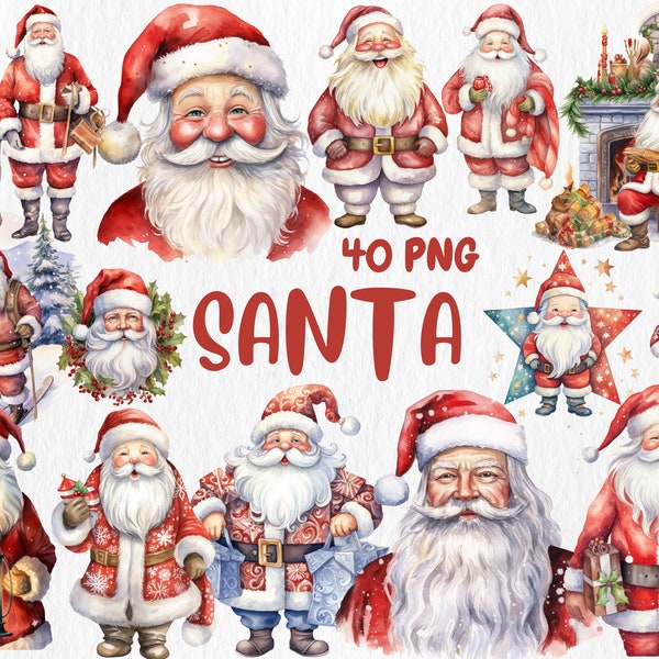 Clipart Père Noël à l'aquarelle | Illustrations du père Noël, du renne, de l'hiver et de Noël | Graphiques PNG | Téléchargement instantané pour une utilisation commerciale