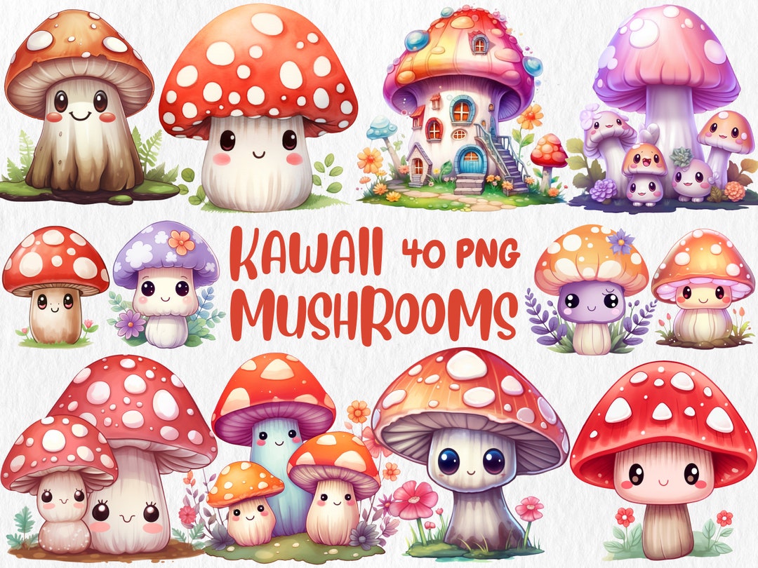 Watercolor Kawaii Mushroom Clipart | 40 PNG Illustrations (commercial ...