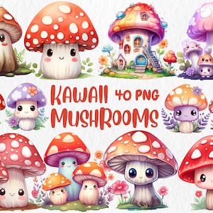 Aquarell Kawaii Pilze Clipart | Niedlich, bezaubernd, magisch, Fantasy Pilz Illustrationen | Sofort Download für kommerzielle Nutzung