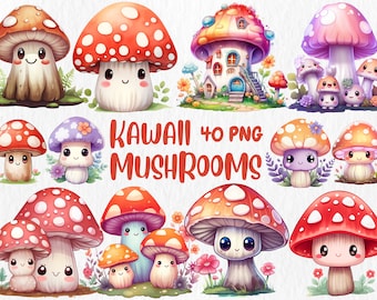 May include: A collection of whimsical, cartoon-style mushrooms in various colors, including red, orange, purple, and brown. Some mushrooms have smiling faces and are surrounded by flowers and greenery. The text "KAWAII 40 PNG MUSHROOMS" is displayed.
