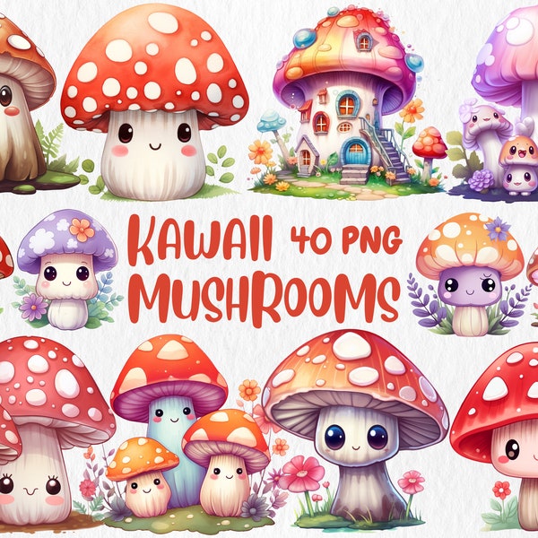 Watercolor Kawaii Mushrooms Clipart | Cute, Adorable, Magical, Fantasy Mushroom Illustrations | Instant Download for Commercial Use