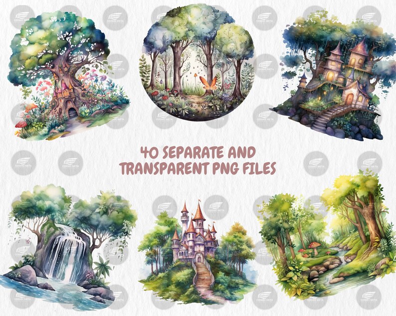 Watercolor Enchanted Forests Clipart | Fairy Garden and Tree, Magical Fantasy Woodland Illustrations | Instant Download for Commercial Use